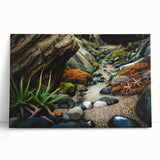 Stretched canvas wall art showcasing a serene landscape with textured rocks, perfect for modern home decor, leaning against a neutral wall background.