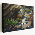Stretched canvas wall art showcasing a vibrant landscape with abstract rock formations in earthy tones, perfect for home decor or office spaces.