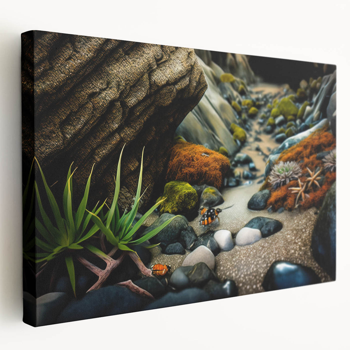 Stretched canvas wall art showcasing a vibrant landscape with abstract rock formations in earthy tones, perfect for home decor or office spaces.