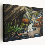 Stretched canvas wall art showcasing a vibrant landscape with abstract rock formations in earthy tones, perfect for home decor or office spaces.