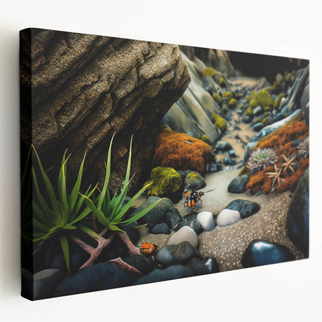 Stretched canvas wall art showcasing a vibrant landscape with abstract rock formations in earthy tones, perfect for home decor or office spaces.