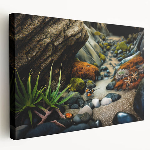 Stretched canvas wall art showcasing a vibrant landscape with abstract rock formations in earthy tones, perfect for home decor or office spaces.