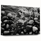 Acrylic wall art display featuring a striking landscape design with vibrant rocks in rich earthy tones, elegantly mounted with pins for a modern aesthetic.
