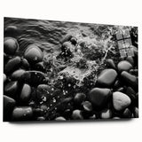 Acrylic glass wall art showcasing a vibrant landscape design featuring rocks and natural elements, viewed from the side, ideal for home decor enhancement.