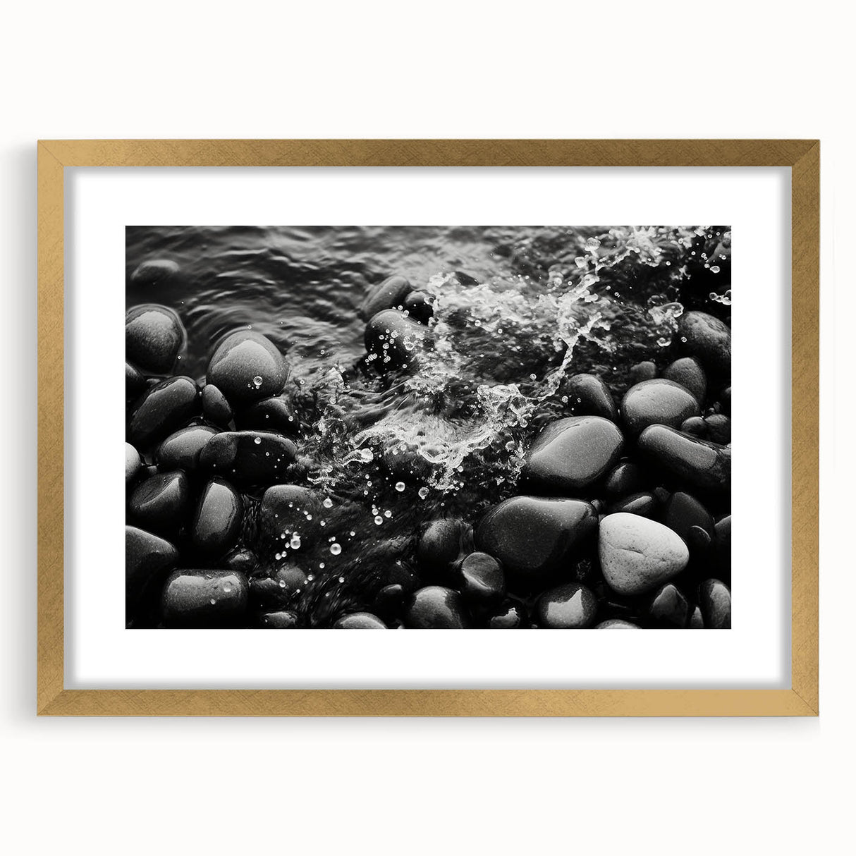 Framed gold mat wall art showcasing a scenic landscape with rocky formations, perfect for home decor, adding elegance and a natural touch to any room.