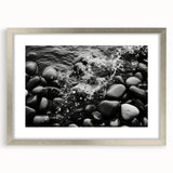 Framed wall art featuring a serene landscape with rocks and a silver mat, perfect for home decor or interior design, showcasing natural beauty and tranquility.
