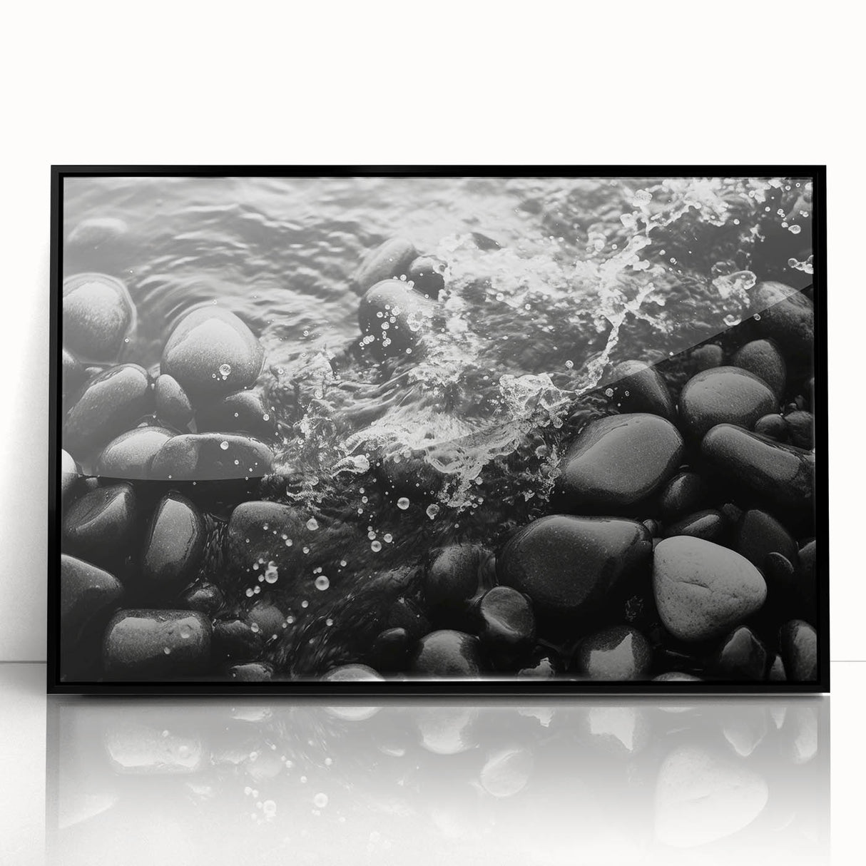 Framed acrylic wall art featuring a stunning rock landscape design, set in a sleek black frame, perfect for modern home decor. Ideal for nature lovers and art enthusiasts.
