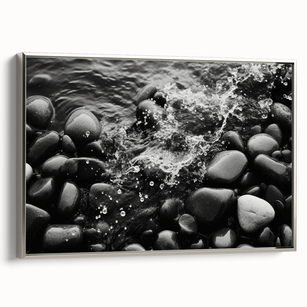 Framed canvas wall art showcasing a modern landscape design with rocks, featuring a sleek silver frame, ideal for contemporary home decor.
