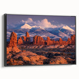 Framed canvas wall art showcasing a stunning landscape design with rocky formations, set against a sleek black frame, perfect for enhancing modern home decor.