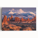 Stretched canvas wall art displaying a serene landscape of rocky mountains with soft pastel hues, perfect for modern home decor. Ideal for enhancing living spaces.