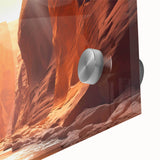 Close-up of a stunning acrylic glass wall art piece showcasing a vibrant landscape with intricate rock formations, perfect for modern home decor.