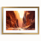Framed wall art featuring a serene landscape with rocks and greenery, elegantly designed with a gold mat, ideal for enhancing home decor aesthetics.