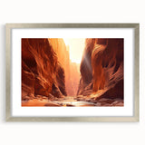 Framed wall art showcasing a stunning landscape design with rocky formations, featuring a silver mat and frame, perfect for enhancing home decor aesthetics.