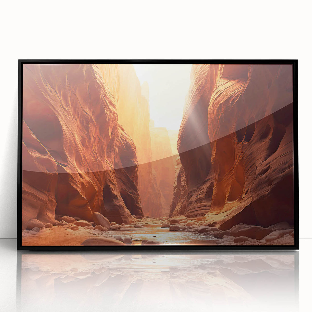 Framed acrylic wall art featuring a modern landscape design with intricate rock formations, presented in a sleek black frame, ideal for contemporary home decor.