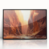 Framed acrylic wall art featuring a modern landscape design with intricate rock formations, presented in a sleek black frame, ideal for contemporary home decor.