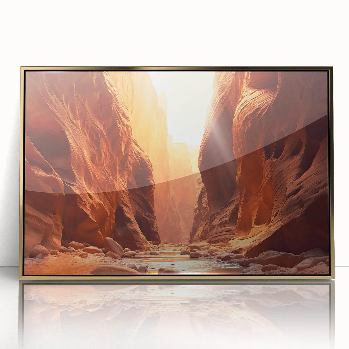Framed acrylic wall art featuring a stunning landscape design with rocky formations, highlighted by a gold border, perfect for modern home decor.