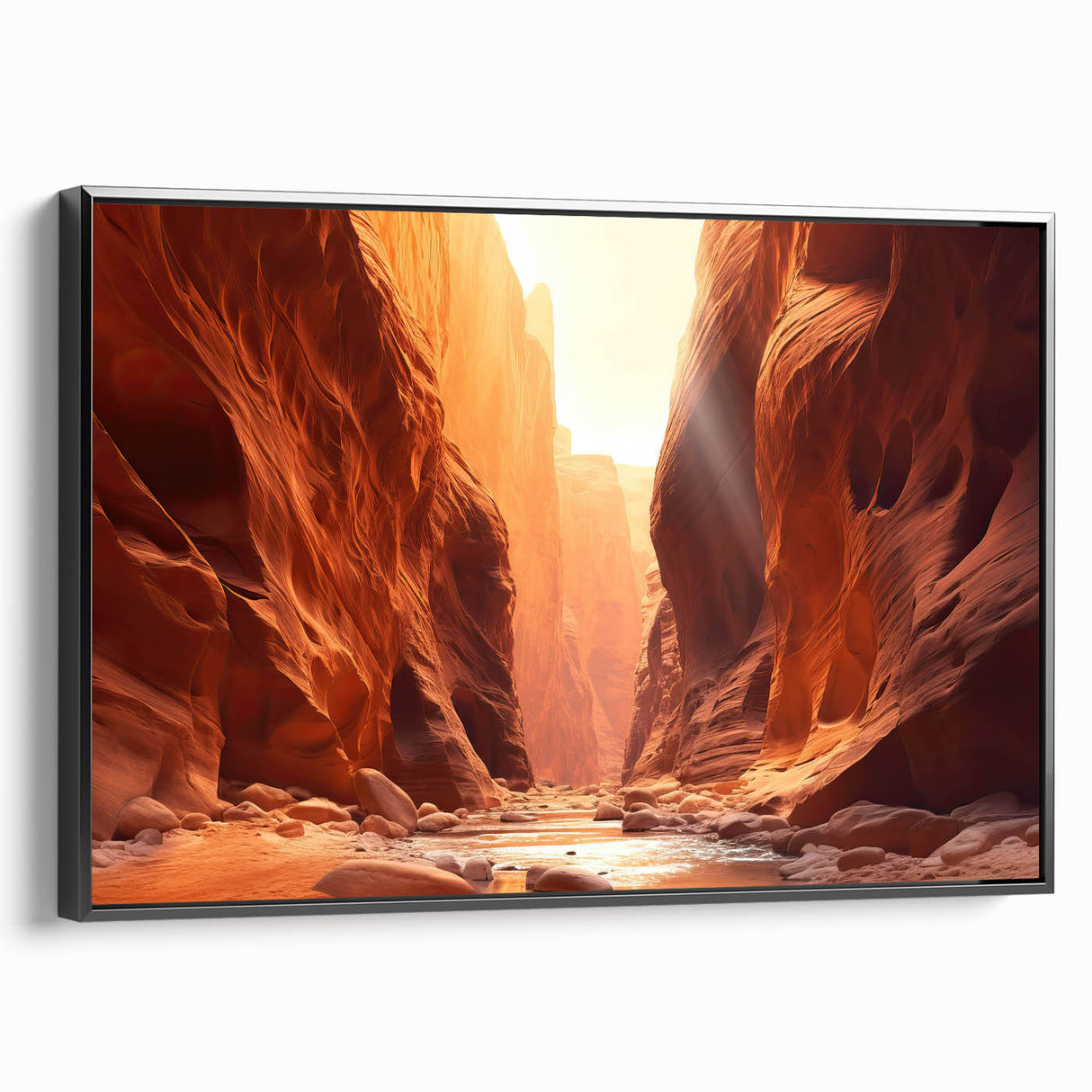 Framed canvas wall art showcasing a stunning landscape with rocks, featuring earthy tones and a black frame, perfect for enhancing modern home decor.