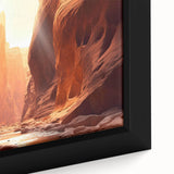 Close-up of a framed canvas art piece showcasing a stunning landscape with intricate rock formations, featuring earthy tones of brown and green, perfect for home decor.