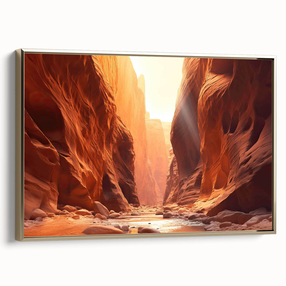 Framed landscape wall art featuring a rocky terrain design in earthy tones with a gold frame, showcasing a side view of the canvas display for elegant home decor.