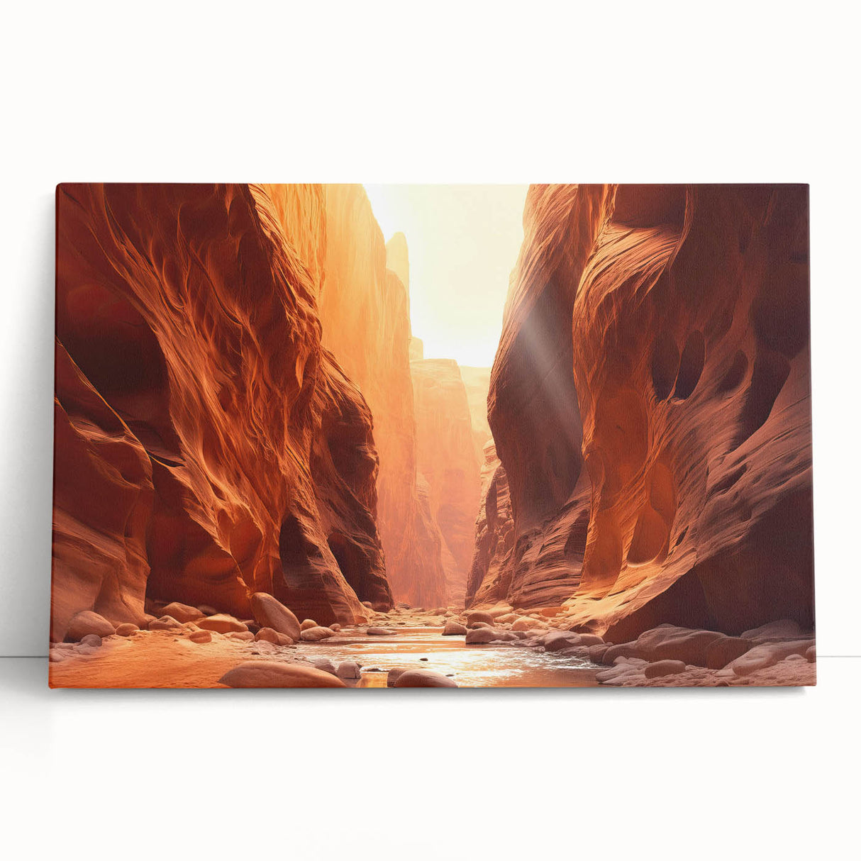 Stretched canvas wall art showcasing a serene landscape with rocky formations and soft pastel hues, perfect for enhancing living spaces with natural beauty.