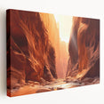 Stretched canvas wall art showcasing a serene landscape with rocks and vibrant colors, ideal for home decor. The side view reveals its elegant framing.