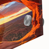 Close-up view of a contemporary wall art piece showcasing a vibrant landscape design featuring textured rocky formations and rich colors, crafted from durable acrylic glass for modern decor.