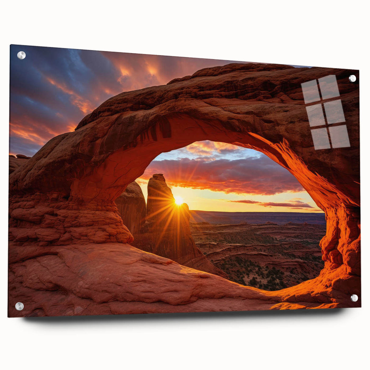 Acrylic glass wall art featuring a stunning landscape design with rocks, displayed in a stylish side view showcasing the vibrant colors and intricate details, perfect for home decor.