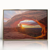 Framed acrylic wall art showcasing a stunning landscape design with rocky formations and golden accents, perfect for modern home decor.