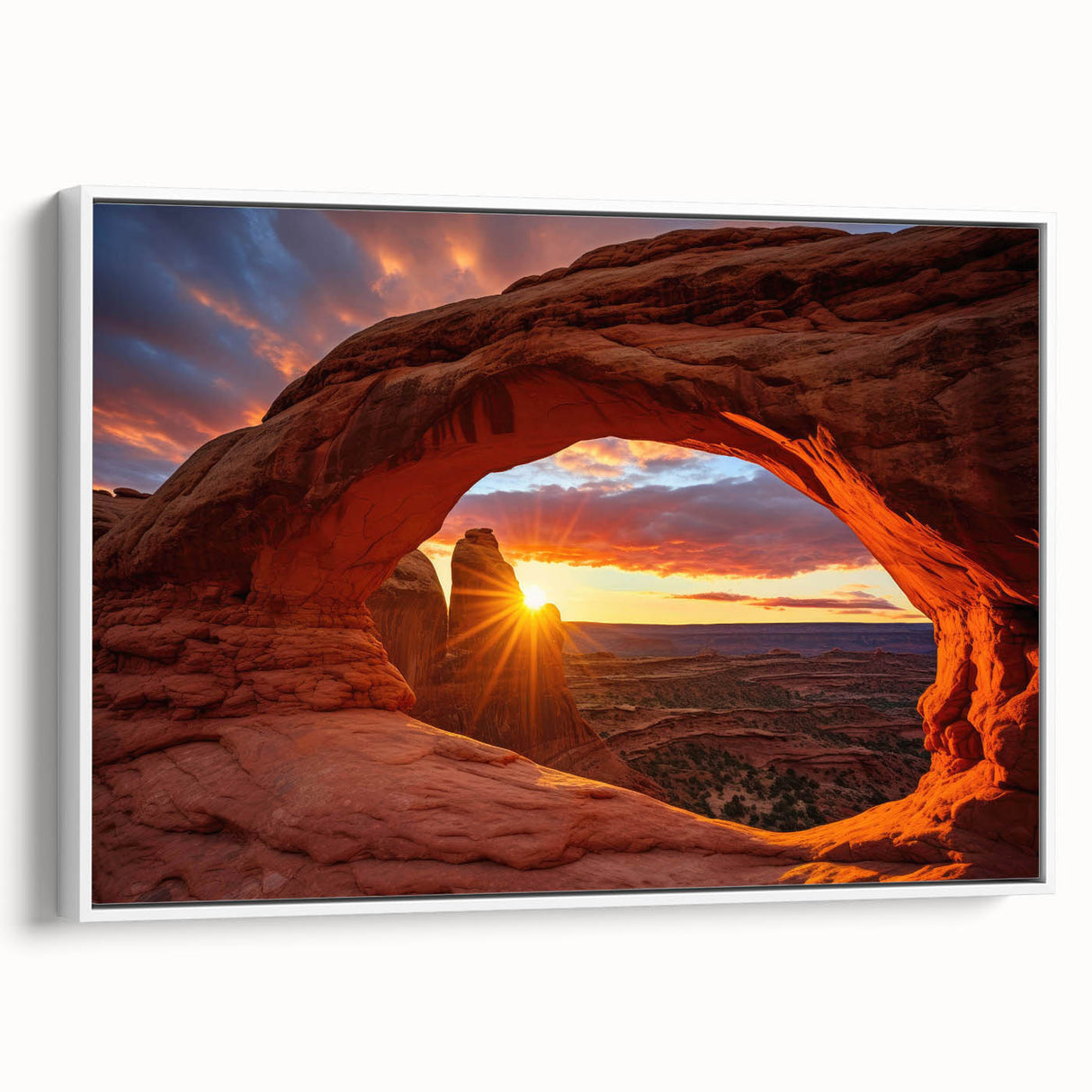 Framed canvas wall art showcasing a serene landscape with rocky formations and a soft color palette, perfect for home decor. Side view highlights the elegant white frame and textured surface, enhancing any interior space.
