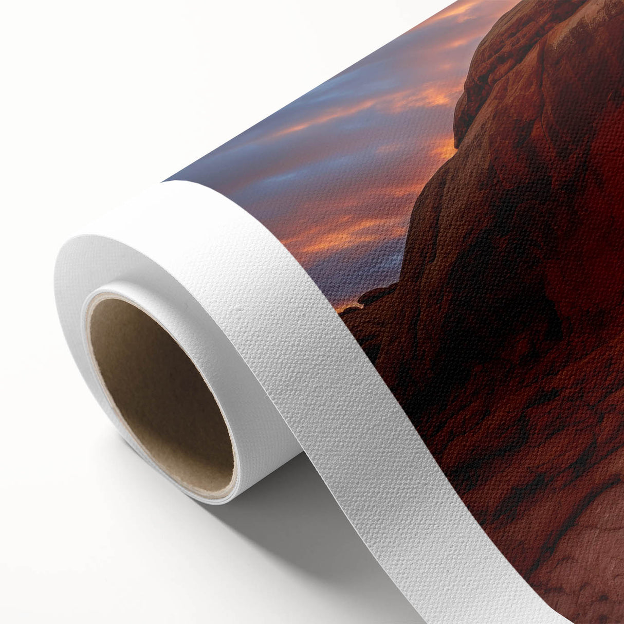 Vibrant rolled canvas showcasing a stunning abstract landscape design with bold colors and intricate rock formations, ideal for modern home decor.