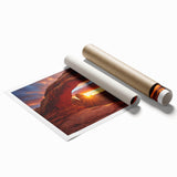 Rolled print showcasing a serene landscape with unique rock formations and vibrant colors, designed to enhance home decor, packaged securely in a protective tube.