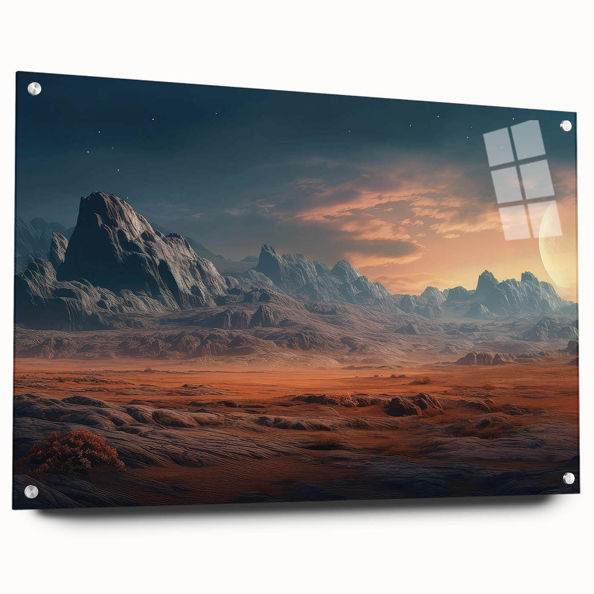 Acrylic glass wall art display showcasing a stunning landscape design featuring vibrant rocks and natural elements, elegantly mounted with visible pins from a side view.