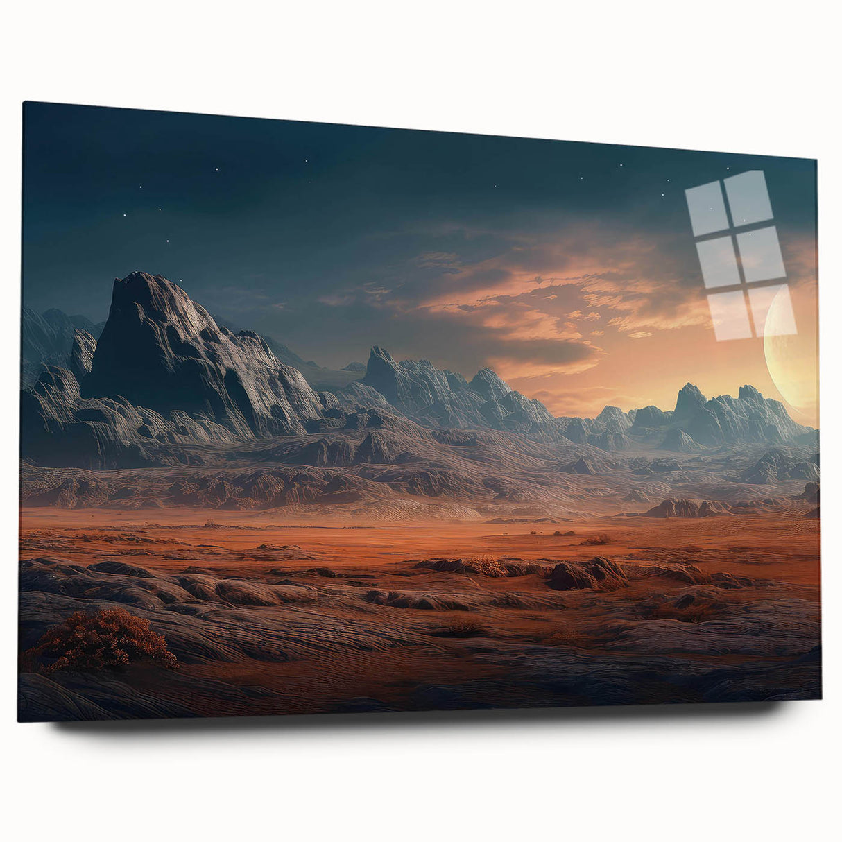 Acrylic glass wall art collection showcasing a vibrant landscape design with striking rock formations, displayed in a modern setting, perfect for home decor.