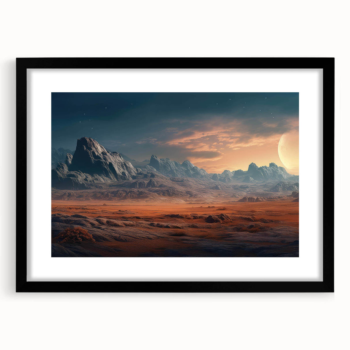 Framed black wall art showcasing a stunning landscapes and rocks design, featuring a sleek black frame and white mat, perfect for modern home decor.