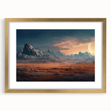 Framed wall art featuring a serene landscape design with rocky formations, accented by a gold mat, ideal for modern home decor. Perfect for adding elegance to any room.