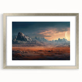 Framed wall art featuring a serene landscape design with rocky formations, presented in a silver frame with a mat, ideal for enhancing home decor.
