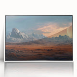 Framed acrylic wall art featuring a serene landscape design with rocks and soft colors, ideal for modern home decor, displayed against a white background.