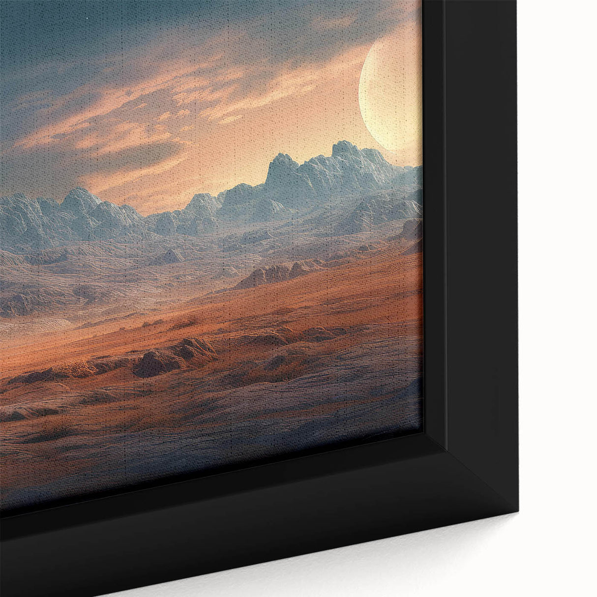 Close-up of a framed canvas wall art piece showcasing a serene landscape with textured rocks, ideal for modern home decor and interior design inspiration.