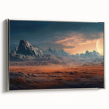 Framed canvas wall art showcasing a serene landscape with rocky formations, complemented by a silver frame, ideal for modern home decor or office settings.