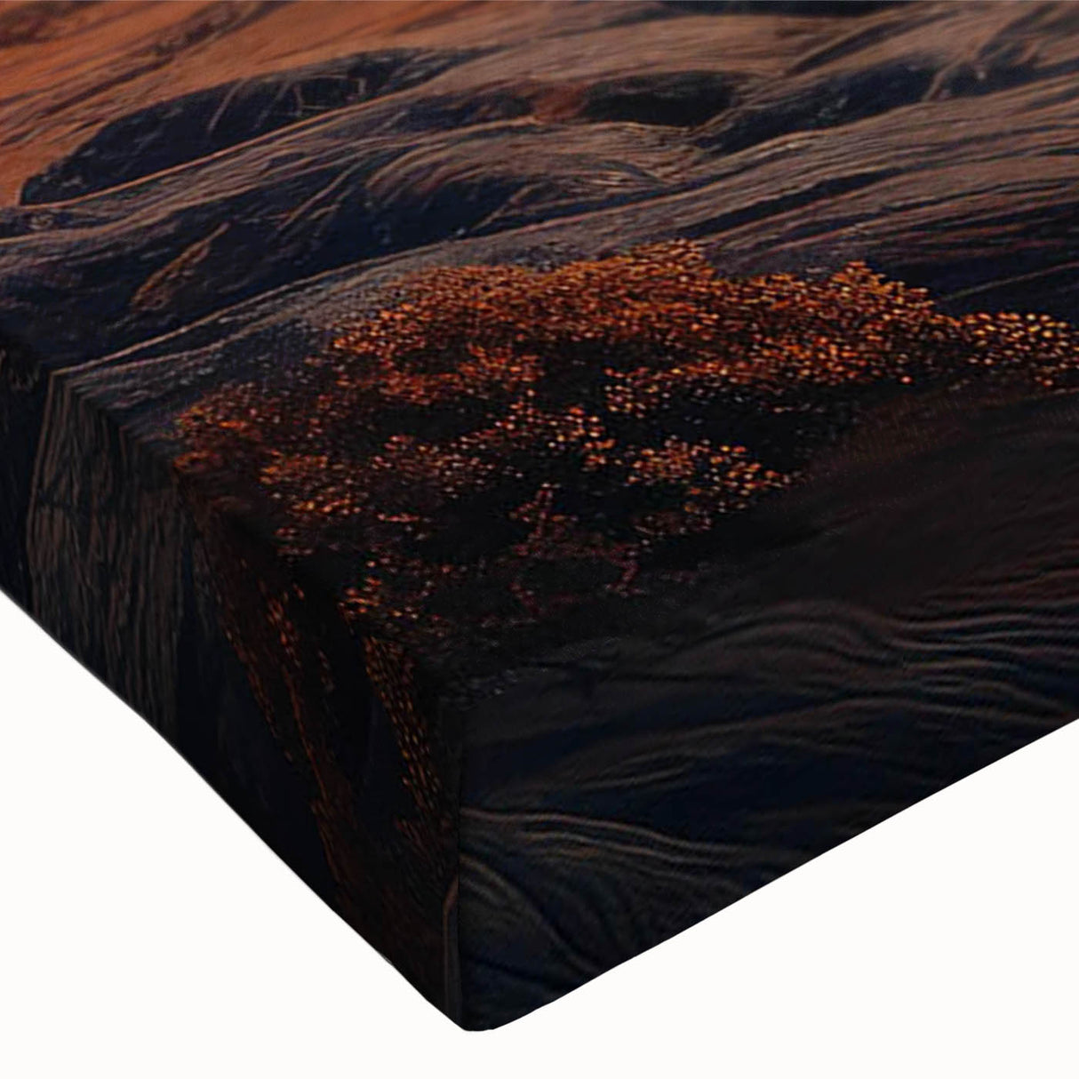 Close-up of a stretched canvas wall art piece showcasing a vibrant landscape design featuring textured rocks, perfect for modern home décor and artistic interiors.