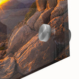 Close-up view of a vibrant acrylic glass wall art piece showcasing a colorful abstract landscape design, featuring smooth textures and intricate rock formations, ideal for modern home decor.