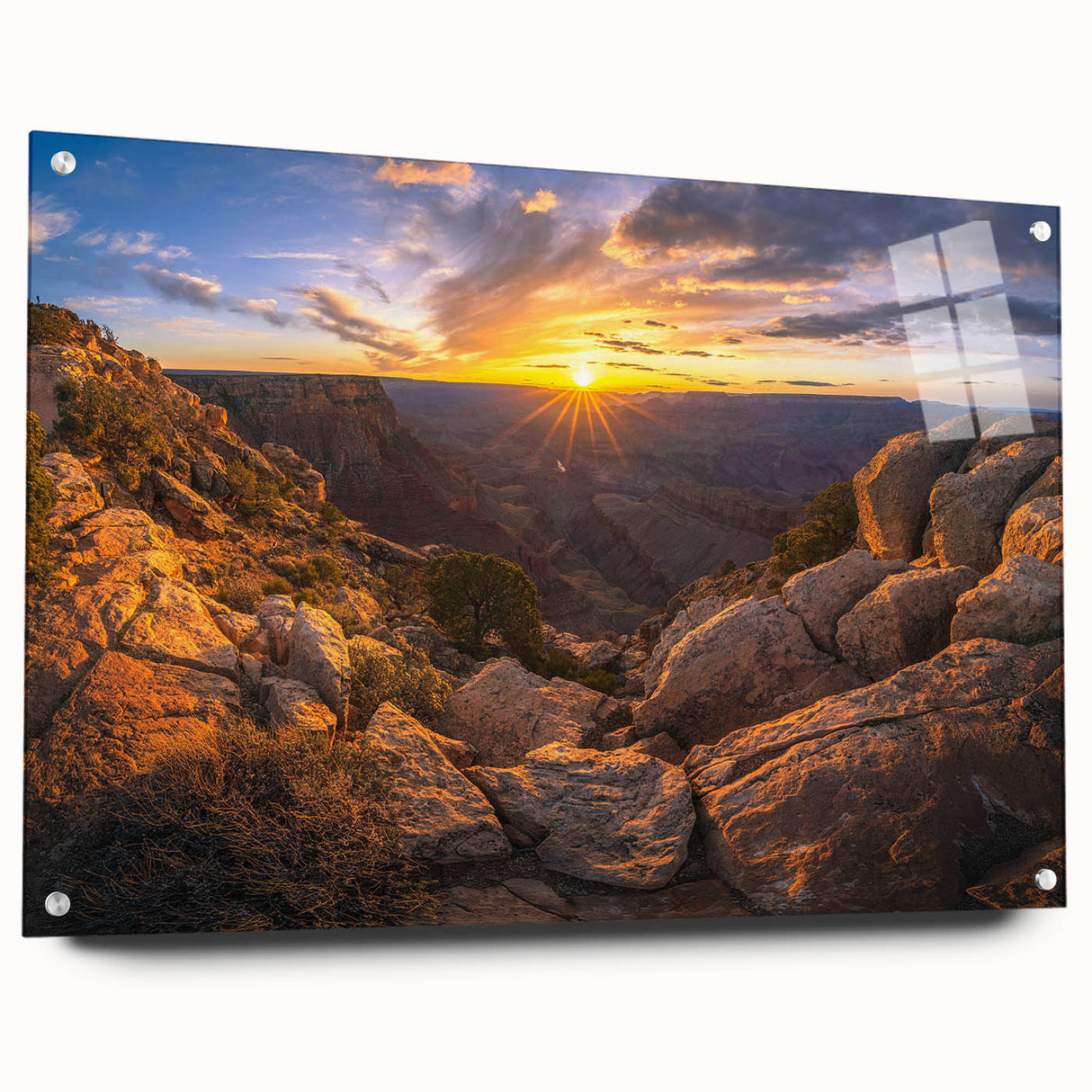 Acrylic glass wall art featuring a striking landscape design with textured rocks, displayed from a side view and secured with decorative pins, ideal for modern interior decor.
