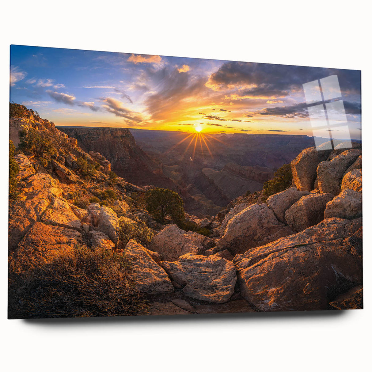 Acrylic glass wall art showcasing a stunning landscape design with textured rock formations, displayed in a sleek side view, ideal for modern home decor.