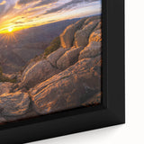 Close-up of a framed canvas wall art piece showcasing a vibrant abstract landscape design with rich colors and textured details, perfect for modern home decor.