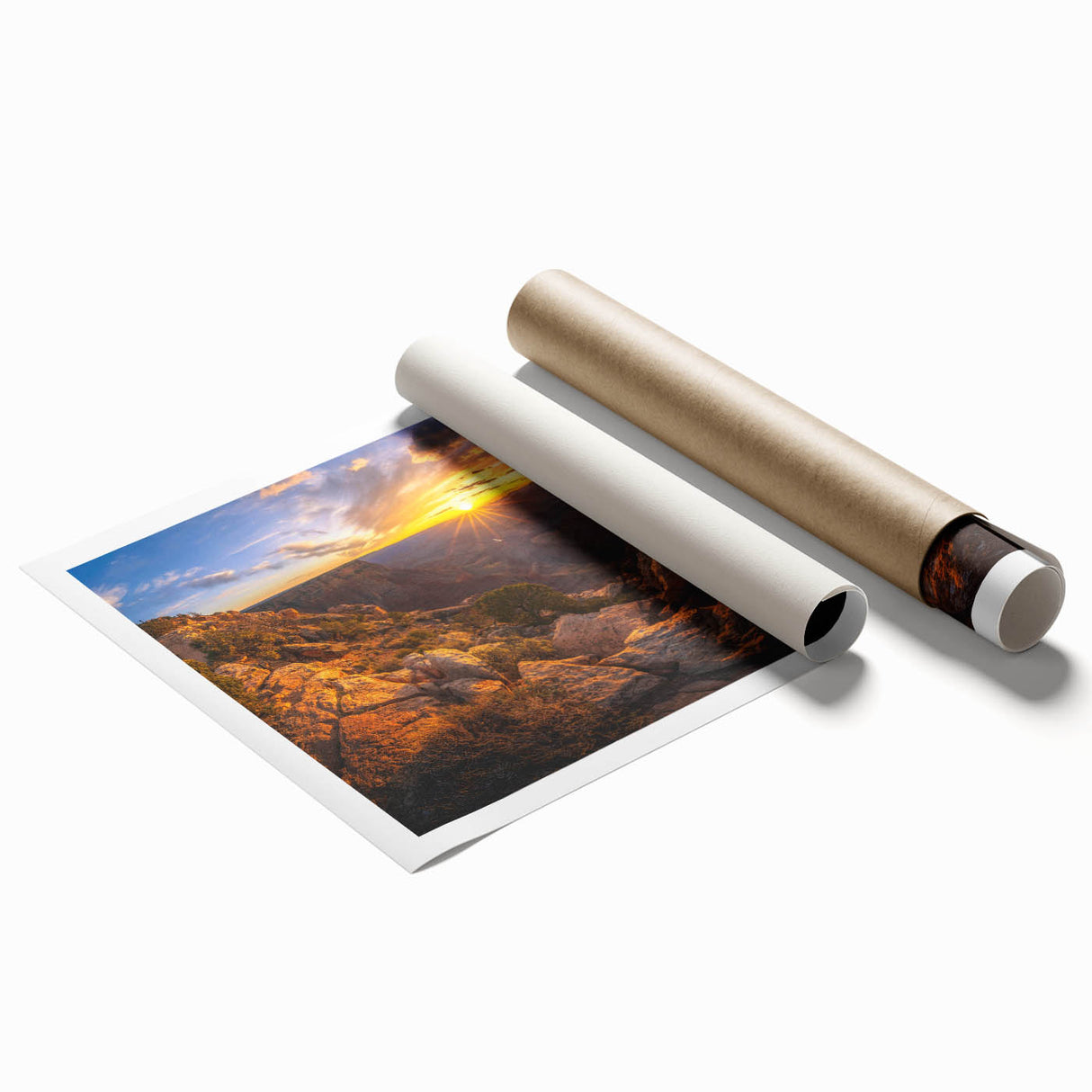 Abstract landscape wall art print showcasing vibrant colors and textured rock formations, rolled for easy transport and display, perfect for home decor enhancement.