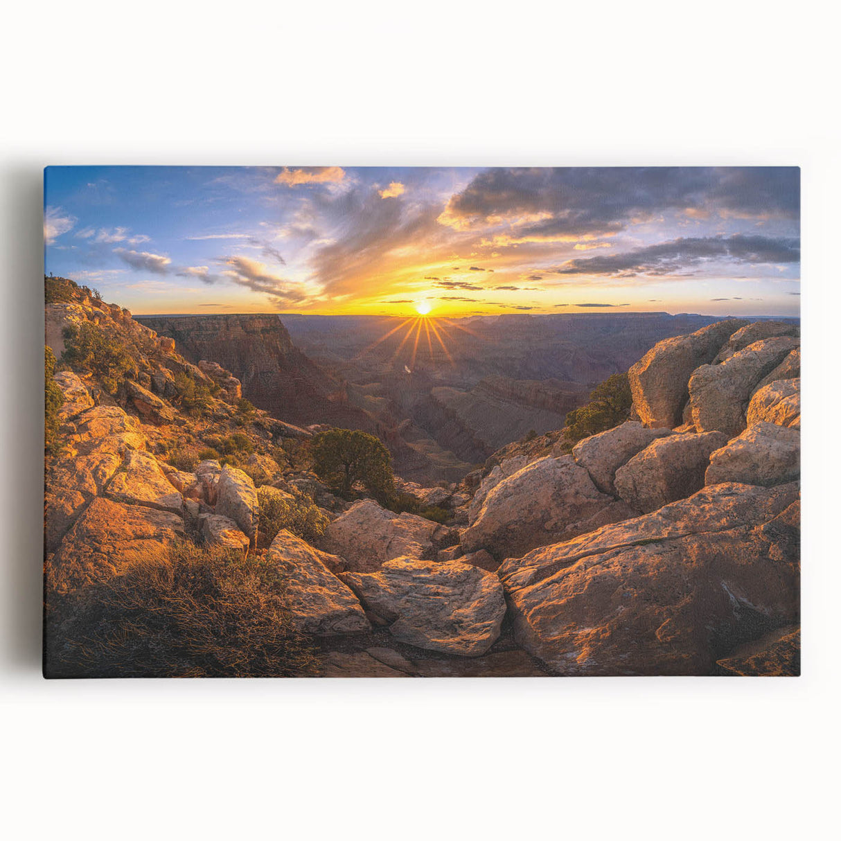 Stretched canvas wall art featuring a vibrant landscape design of colorful rocks and abstract patterns, perfect for home decor or office settings. The artwork showcases intricate details with a modern aesthetic, ideal for adding a touch of nature-inspired elegance to any space.