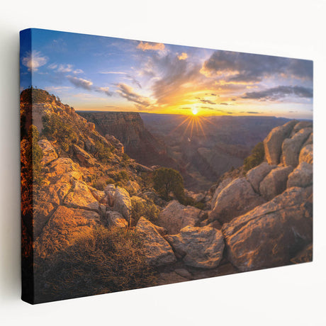 Stretched canvas wall art showcasing a serene landscape with vibrant rocks and earthy tones, perfect for enhancing modern home decor and artistic ambiance.