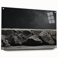 Acrylic glass wall art showcasing a contemporary landscape design featuring vibrant rocks, displayed from a side view with metallic pins for mounting, ideal for modern decor.