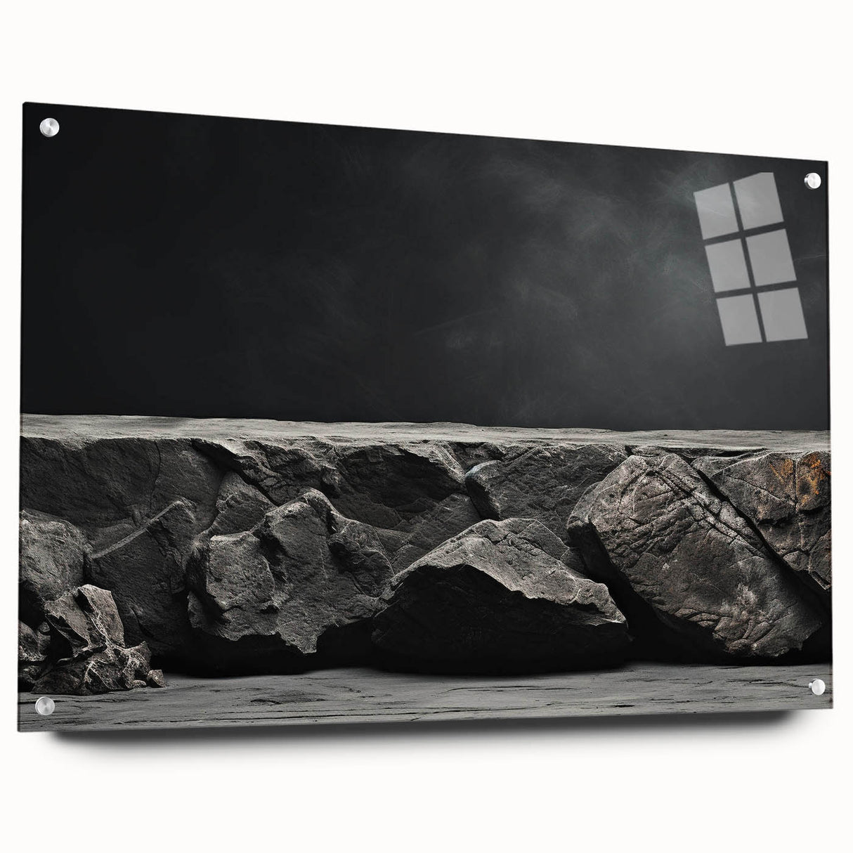 Acrylic glass wall art showcasing a contemporary landscape design featuring vibrant rocks, displayed from a side view with metallic pins for mounting, ideal for modern decor.
