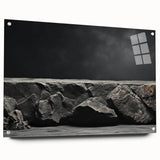 Acrylic glass wall art showcasing a contemporary landscape design featuring vibrant rocks, displayed from a side view with metallic pins for mounting, ideal for modern decor.